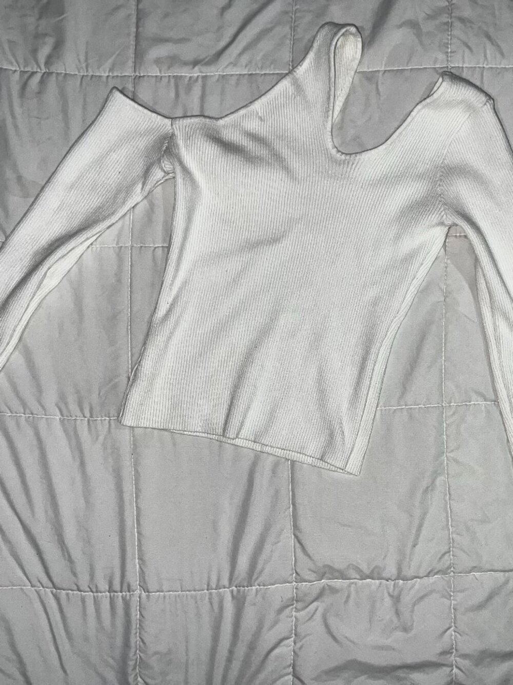 Women's White Ribbed Knit One-Shoulder Asymmetrical Long Sleeve Top Size S
